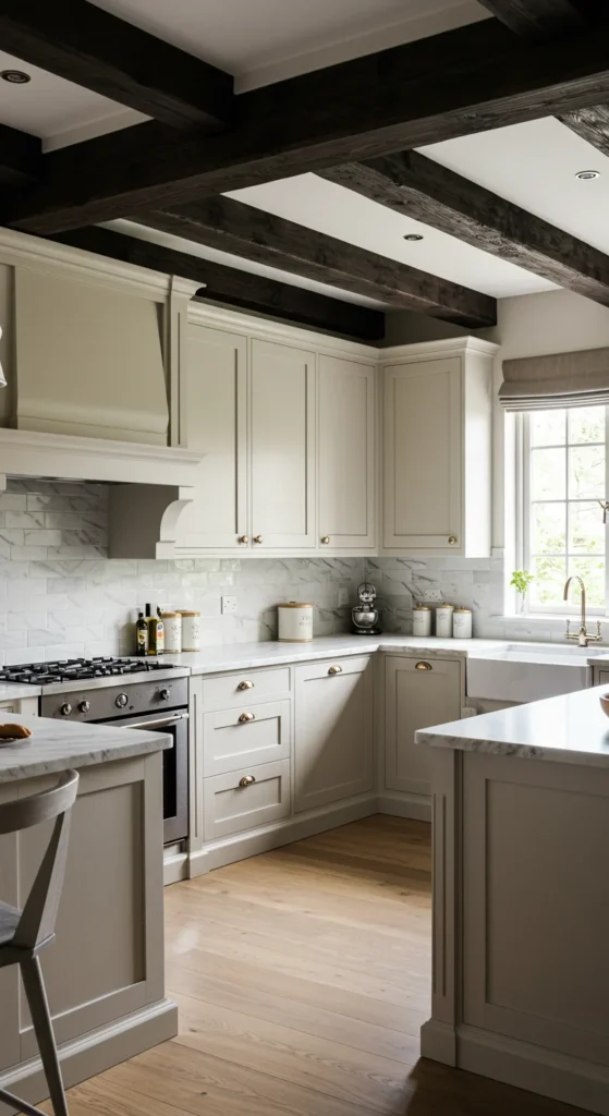 Kitchen With Rustic Wooden Beams And Marble Countertops