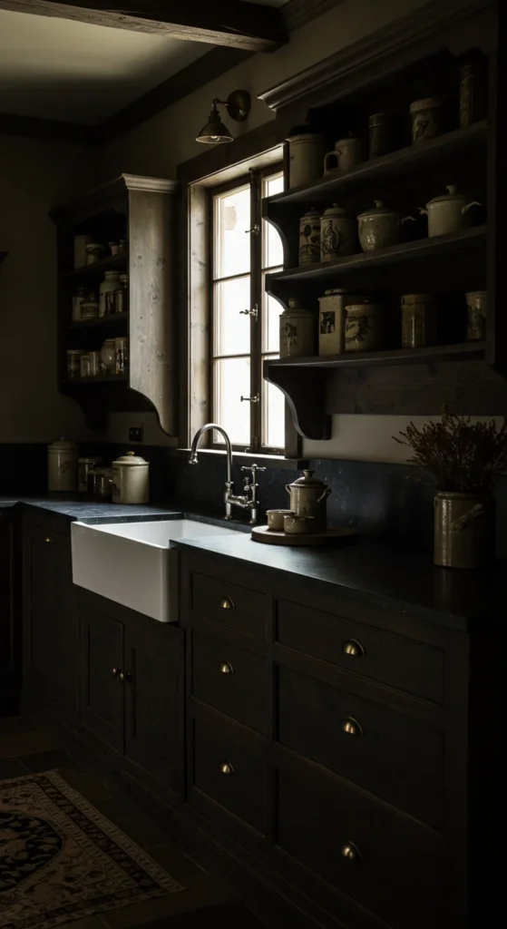Kitchen With Wooden Cabinets, Black Stone Countertops