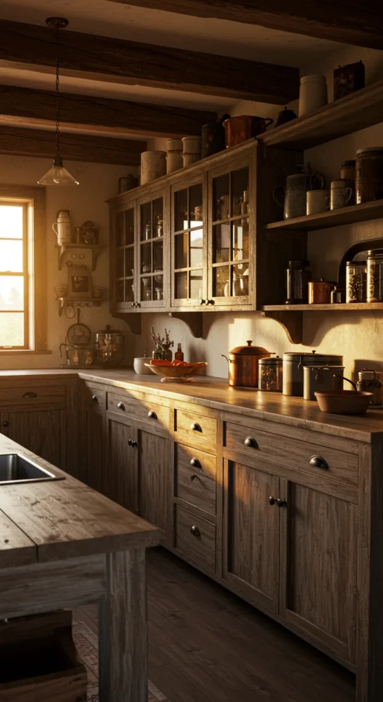 Lit Rustic Kitchen With Open Shelves