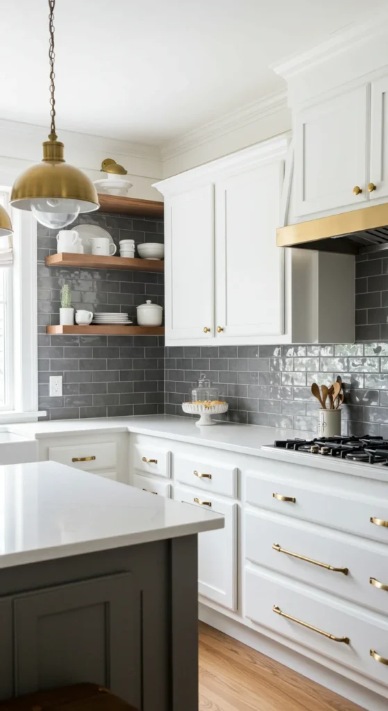 White Kitchen Featuring Brass Handles And Hardware