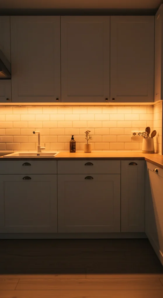 White Kitchen With Warm Lighting And Shadows