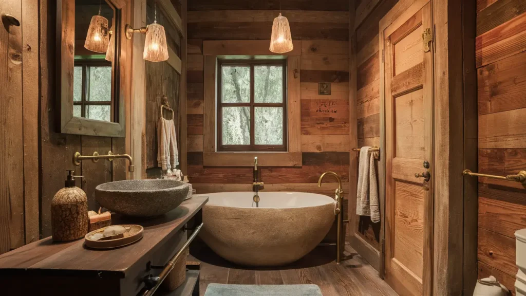 A Rustic Bathroom With Reclaimed Wood Paneling