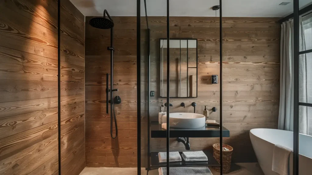 Modern Rustic Bathroom With A Wooden Wall