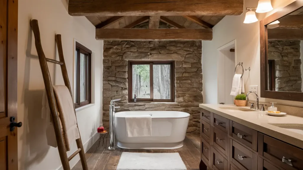 Bathroom With Exposed Wooden Beams