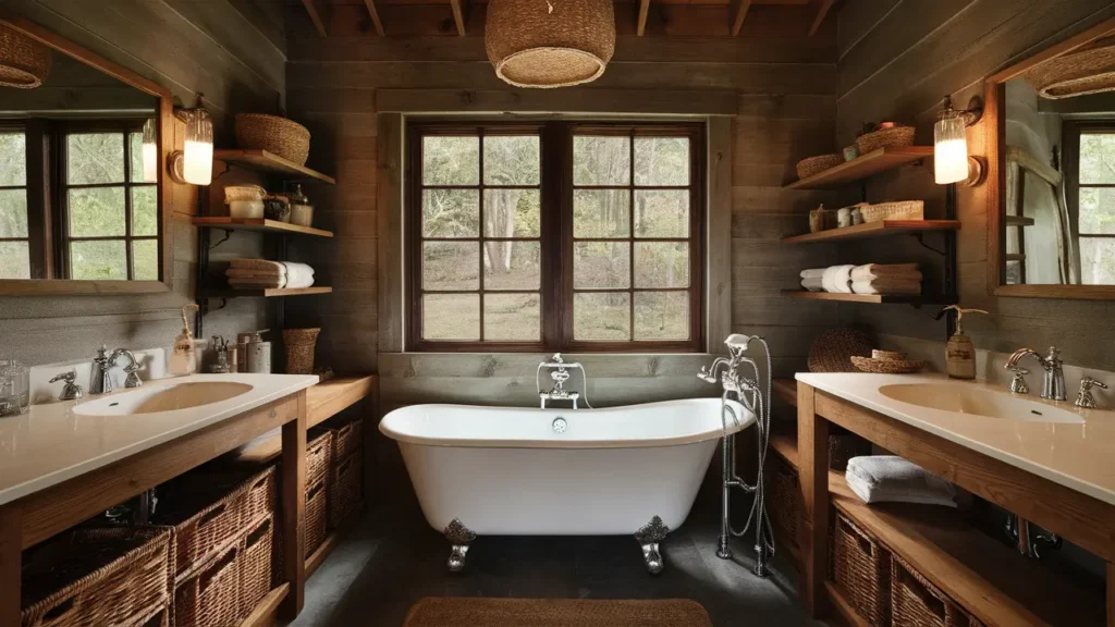 Bathroom Featuring A Freestanding Clawfoot Tub, Wooden Shelves
