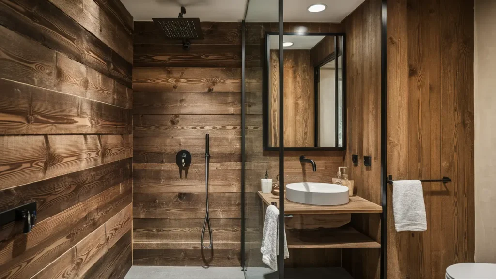 Bathroom With A Wooden Wall, Black Steel Accents