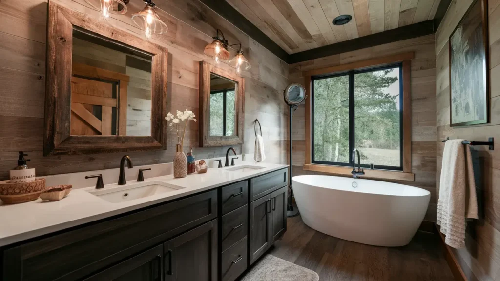 Bathroom With Dark Wood Floors, A Reclaimed Wood Mirror